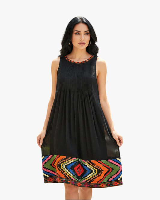 Black Pleated Midi Dress with Colorful Hem