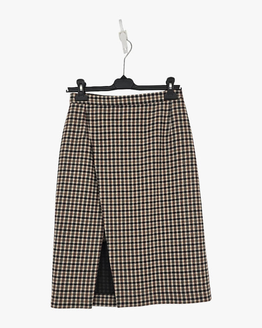 Maje Checked Midi Skirt with Front Slit