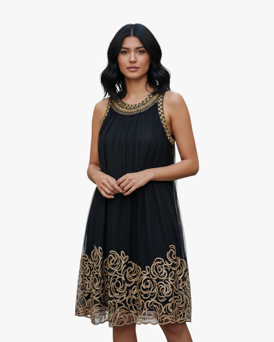 Black & Gold Embroidered Midi Dress