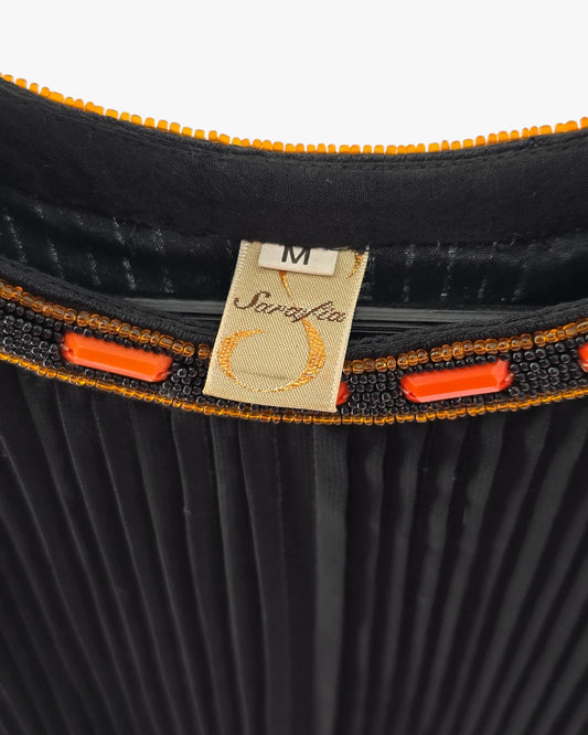 Black Pleated Midi Dress with Colorful Hem