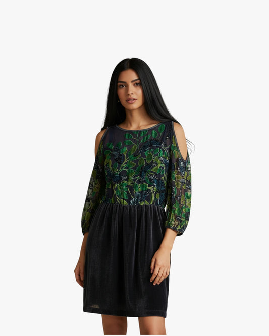 Velvet & Printed Midi Dress