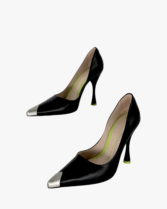 Black Leather Metallic-Toe Heels