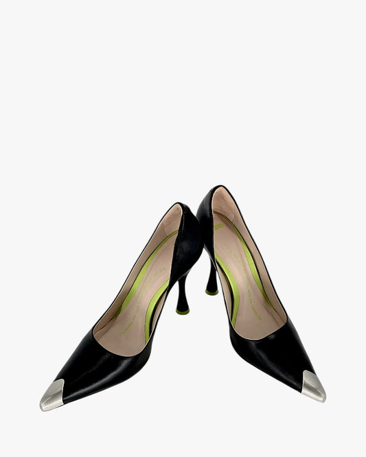 Black Leather Metallic-Toe Heels
