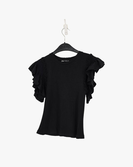 Ruffled Sleeve Ribbed Top