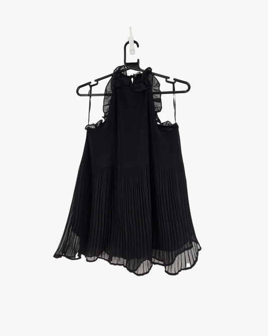 Pleated Ruffle-Neck Sleeveless Top