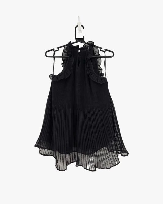 Pleated Ruffle-Neck Sleeveless Top